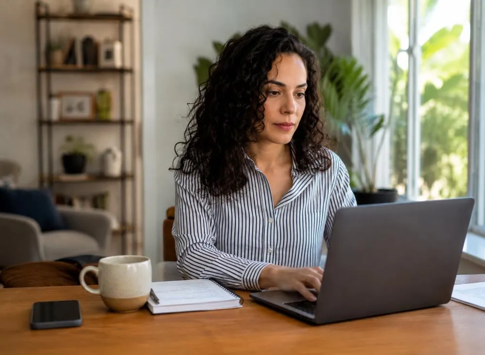 Pessoa trabalhando remotamente em casa com notebook em ambiente profissional / Foto: Gerada por IA