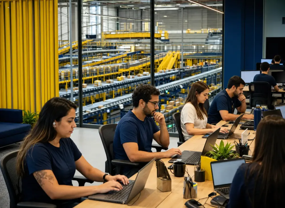 Profissionais trabalham em uma área de tecnologia integrada a um centro de distribuição de comércio eletrônico. Imagem ilustrativa criada por inteligência artificial.