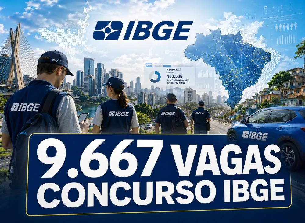 Concurso IBGE 2026 com editais para 9.667 vagas temporárias e auxílio de R$ 1.175; veja cargos e prazos / Foto: Gerada por IA