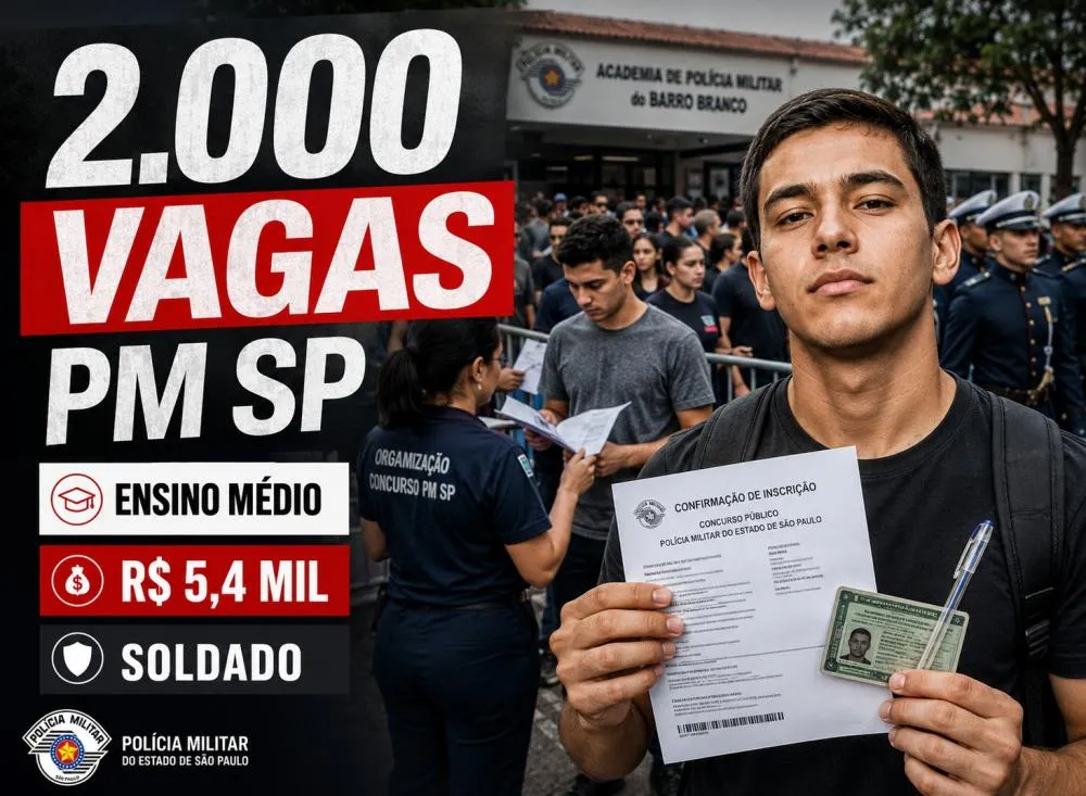 Concurso PM SP abre 2.000 vagas para Soldado com salário de R$ 5,4 mil e exigência de ensino médio; veja inscrições / Foto: Gerada por IA