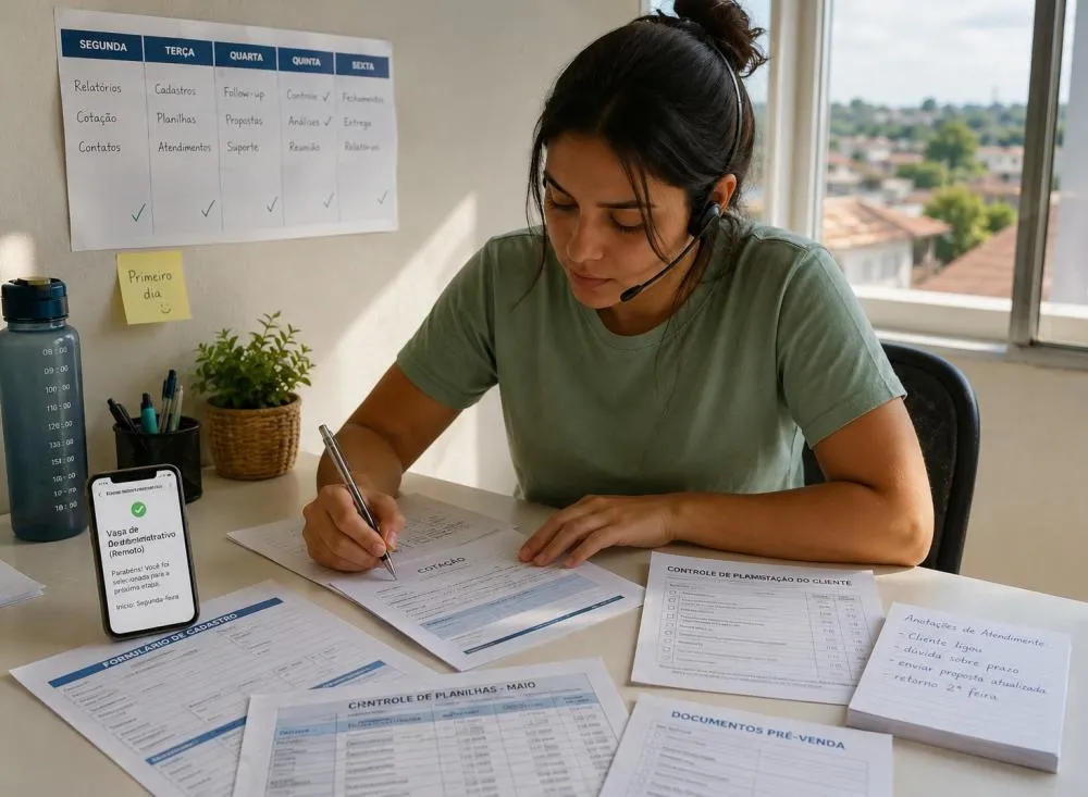 Trabalho remoto urgente: processo seletivo para Assistente Administrativo paga R$ 2.100 mais benefícios / Foto: Gerada por IA