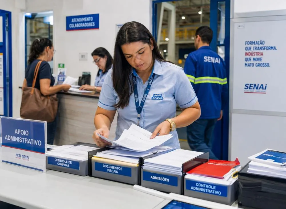 Processo Seletivo Assistente Administrativo SESI SENAI com salário de R$ 2.423, nível médio e vale de R$ 1.250 / Foto: Gerada por IA