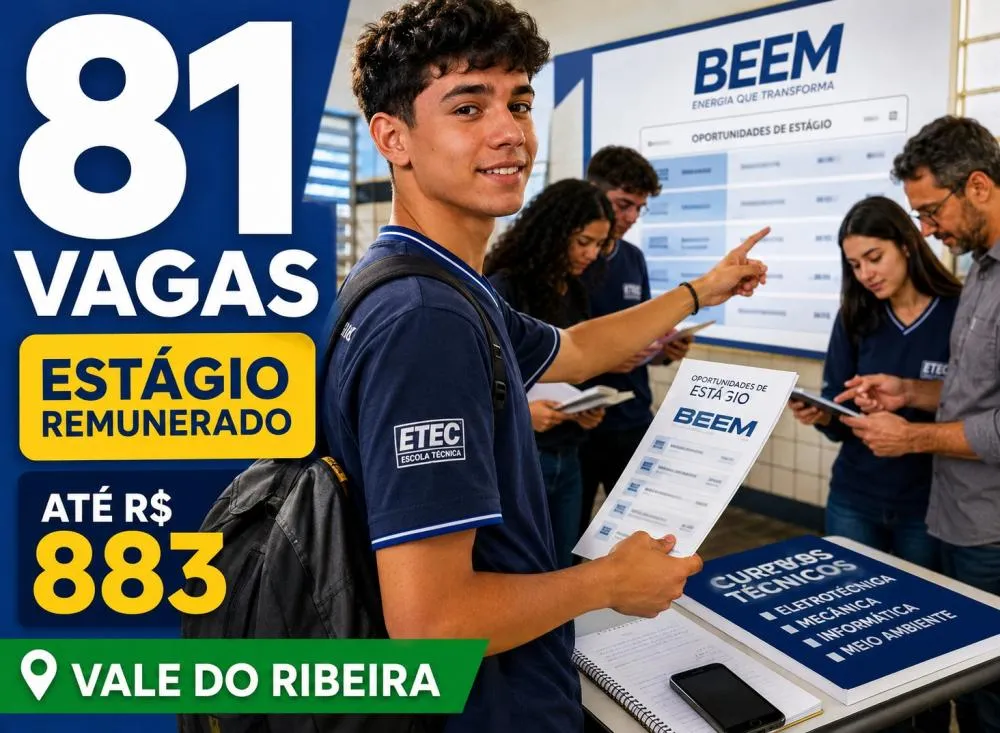 BEEM abre 81 vagas de estágio remunerado no Vale do Ribeira com bolsas de até R$ 883; veja como se inscrever / Foto: Gerada por IA
