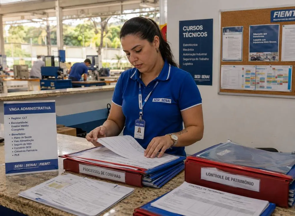 Processo Seletivo Assistente Administrativo SESI SENAI com remuneração de R$ 2.423 e vale alimentação de R$ 1.250,00 para ensino médio completo / Foto: Gerada por IA
