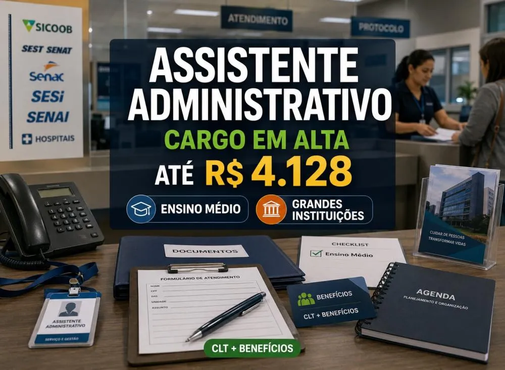 Assistente Administrativo está entre os cargos mais contratados; veja vagas abertas em grandes instituições / Foto: Gerada por IA