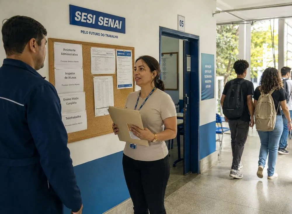 Processo Seletivo SESI SENAI com vagas para ensino médio, administrativo e teletrabalho; salários chegam a R$ 8.394 / Foto: Gerada por IA