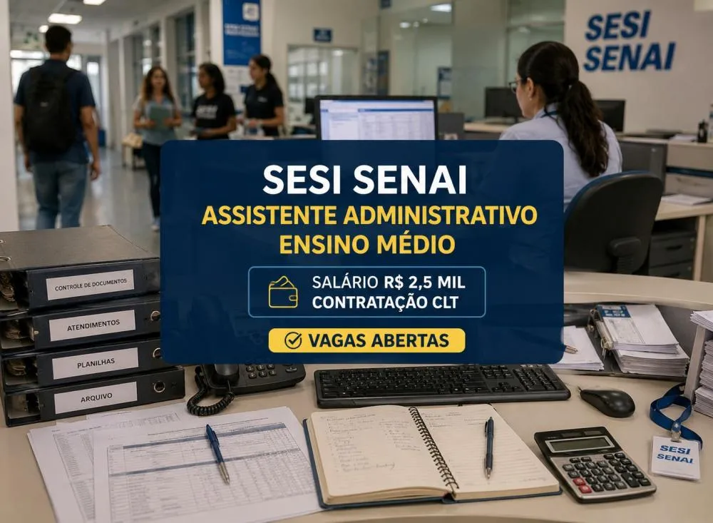 Processo Seletivo SESI SENAI Assistente Administrativo com ensino médio completo e salário de R$ 2,5 mil