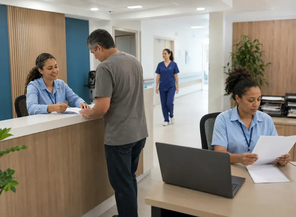 Profissionais trabalham no atendimento e nas rotinas administrativas de uma unidade hospitalar. Imagem ilustrativa criada por inteligência artificial.