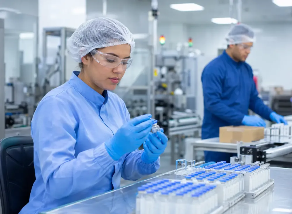 Profissionais trabalham em uma indústria farmacêutica moderna nas áreas de produção, qualidade e logística. Imagem ilustrativa criada por inteligência artificial.