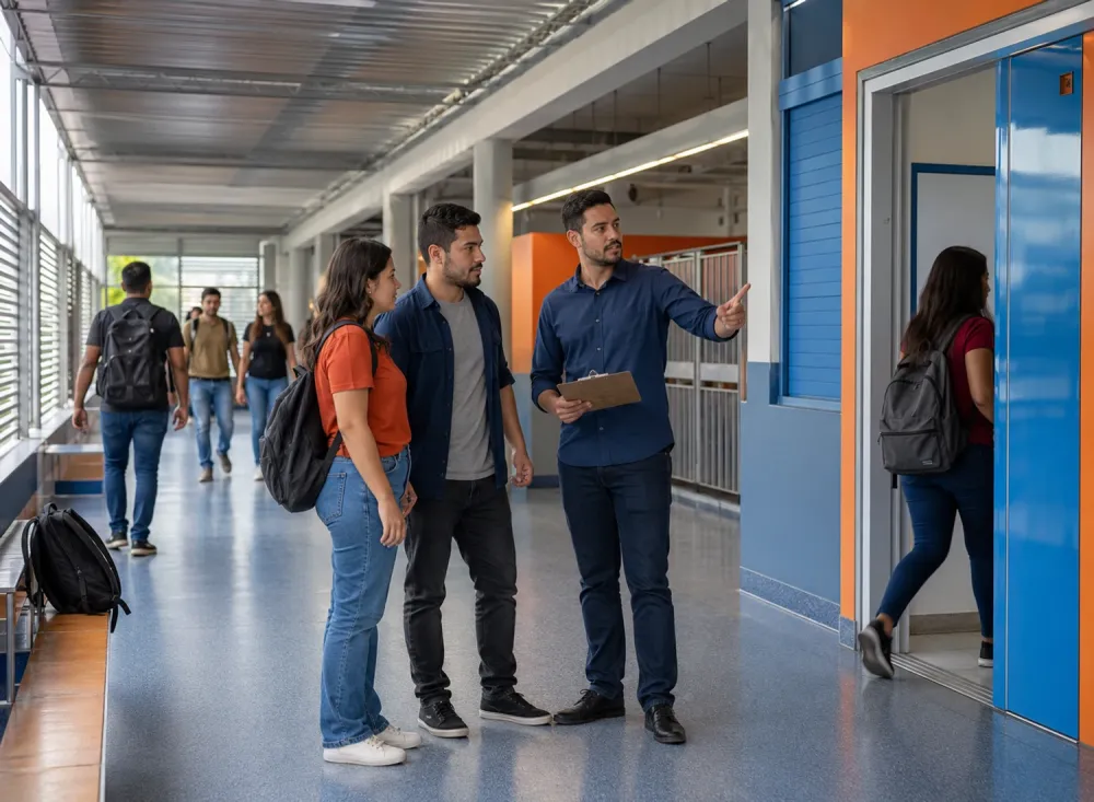 Inspetor de Alunos acompanhará a circulação dos estudantes, orientará sobre regras e ajudará a zelar pela segurança escolar. Imagem ilustrativa criada por inteligência artificial.