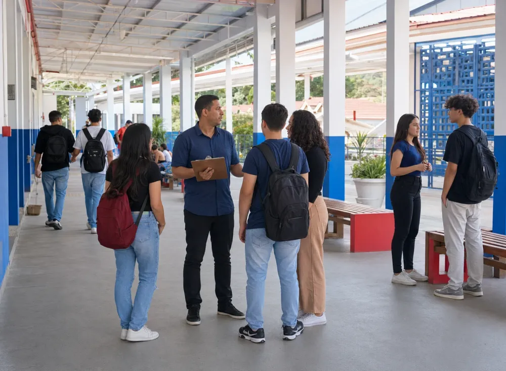Monitor Escolar será responsável por orientar os alunos, acompanhar a circulação e apoiar a organização da unidade de ensino. Imagem ilustrativa criada por inteligência artificial.
