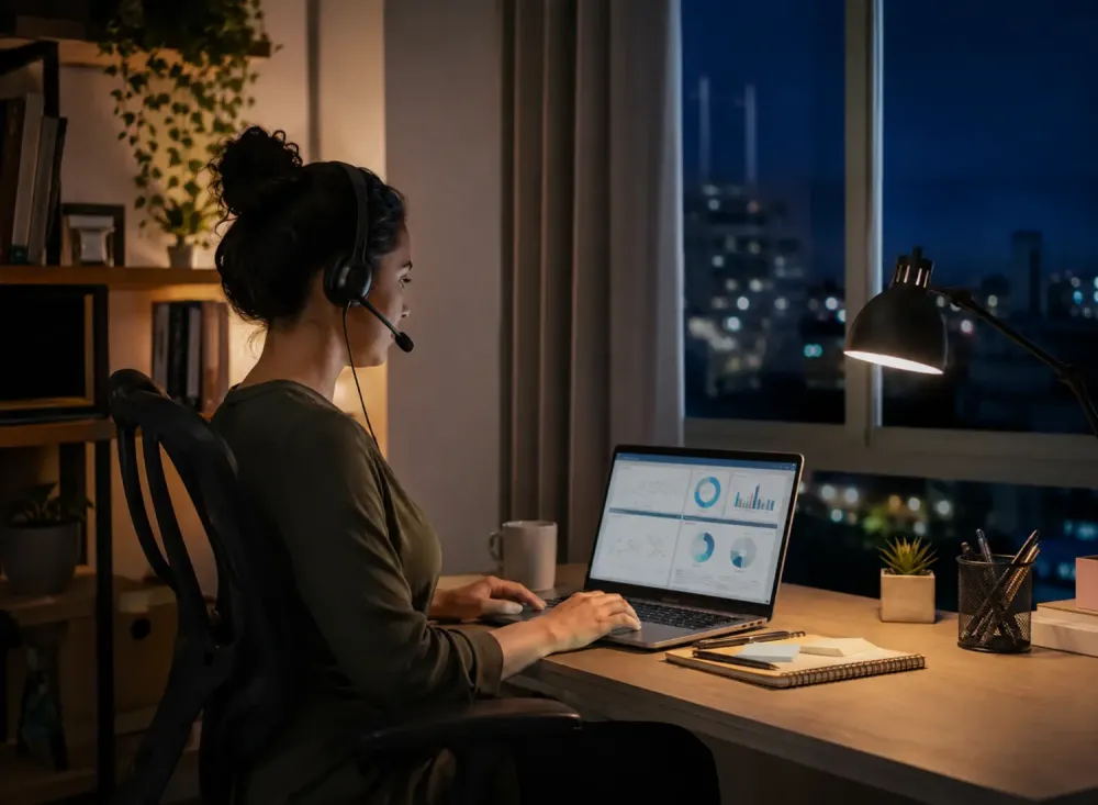 Profissional trabalha em home office durante o período noturno, usando notebook e headset em um escritório residencial. Imagem ilustrativa criada por inteligência artificial.