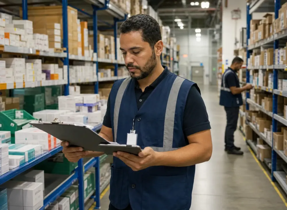 Profissional realiza auditoria e conferência de mercadorias em um centro de distribuição. Imagem ilustrativa criada por inteligência artificial.