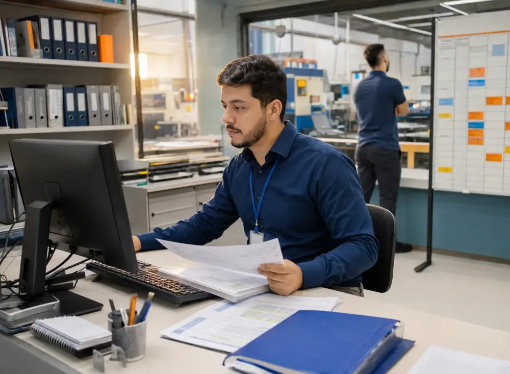 Assistente Administrativo acompanha planilhas, documentos e o planejamento da produção em ambiente industrial. Imagem ilustrativa criada por inteligência artificial.