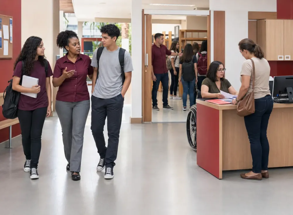 Profissionais acompanham os estudantes e realizam atividades de atendimento e organização da secretaria no interior de uma escola. Imagem ilustrativa criada por inteligência artificial.