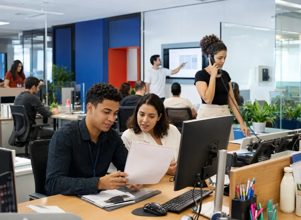 Jovens aprendizes realizam atividades administrativas, organizam documentos e participam de treinamentos no campus corporativo da RD Saúde. Imagem ilustrativa criada por inteligência artificial.