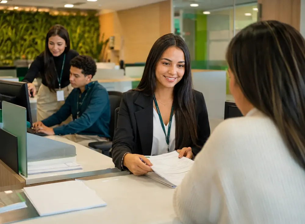Jovens aprendizes realizam atividades administrativas e de atendimento em uma cooperativa financeira. Imagem ilustrativa criada por inteligência artificial.