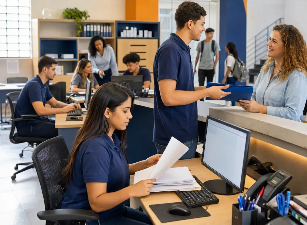 Jovens aprendizes realizam atividades de atendimento, organização de documentos e atualização de informações em uma secretaria educacional. Imagem ilustrativa criada por inteligência artificial.