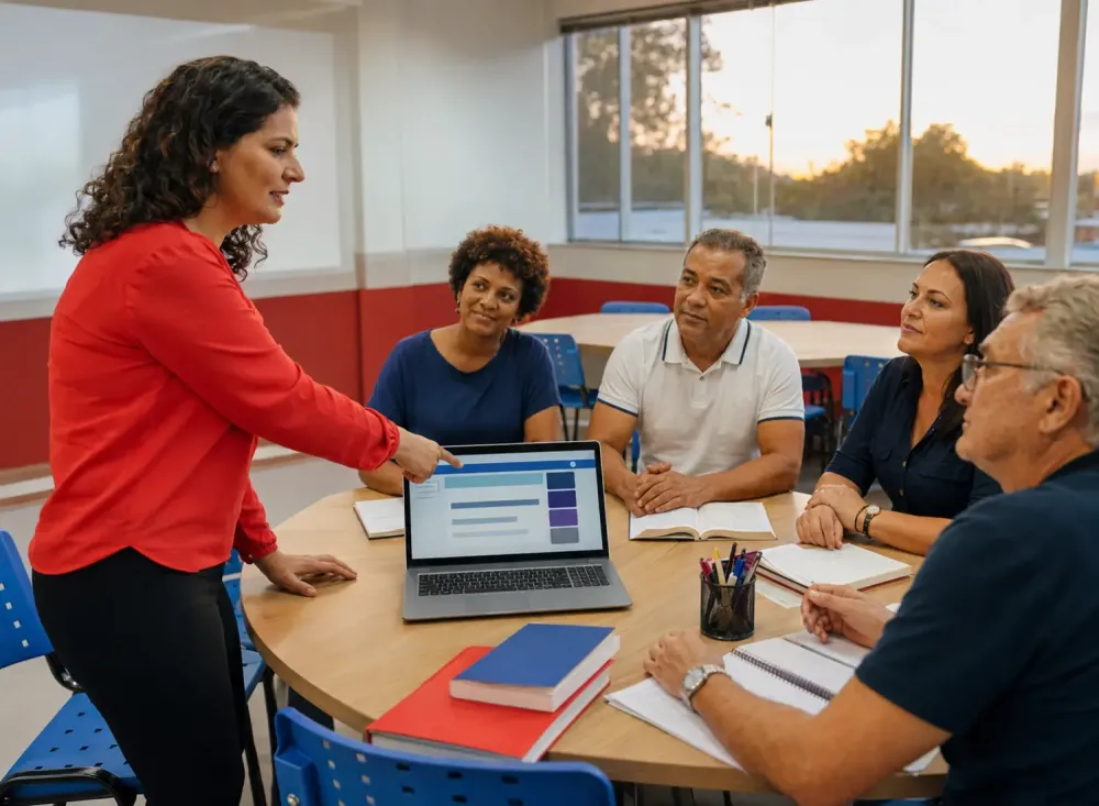 Professora tutora orienta estudantes adultos durante uma atividade presencial de EJA com apoio de livros e ambiente virtual de aprendizagem. Imagem ilustrativa criada por inteligência artificial.