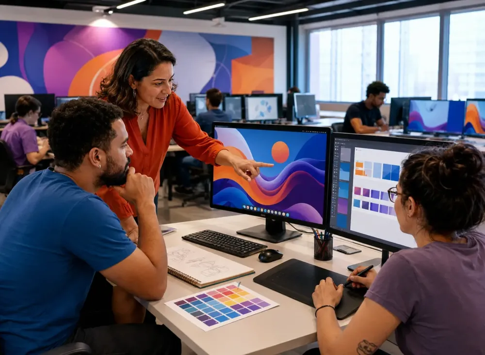 Tutora orienta estudantes adultos em um laboratório presencial de Design Gráfico, com computadores, mesa digitalizadora, esboços e estudos de cores. Imagem ilustrativa criada por inteligência artificial.