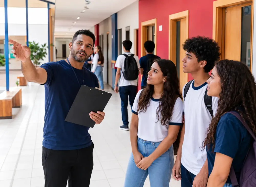 Monitor Escolar orienta estudantes e acompanha a circulação em um corredor de escola de Ensino Médio. Imagem ilustrativa criada por inteligência artificial.