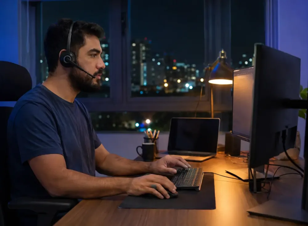 Profissional monitora sistemas e infraestrutura em um escritório residencial durante o turno noturno. Imagem ilustrativa criada por inteligência artificial.