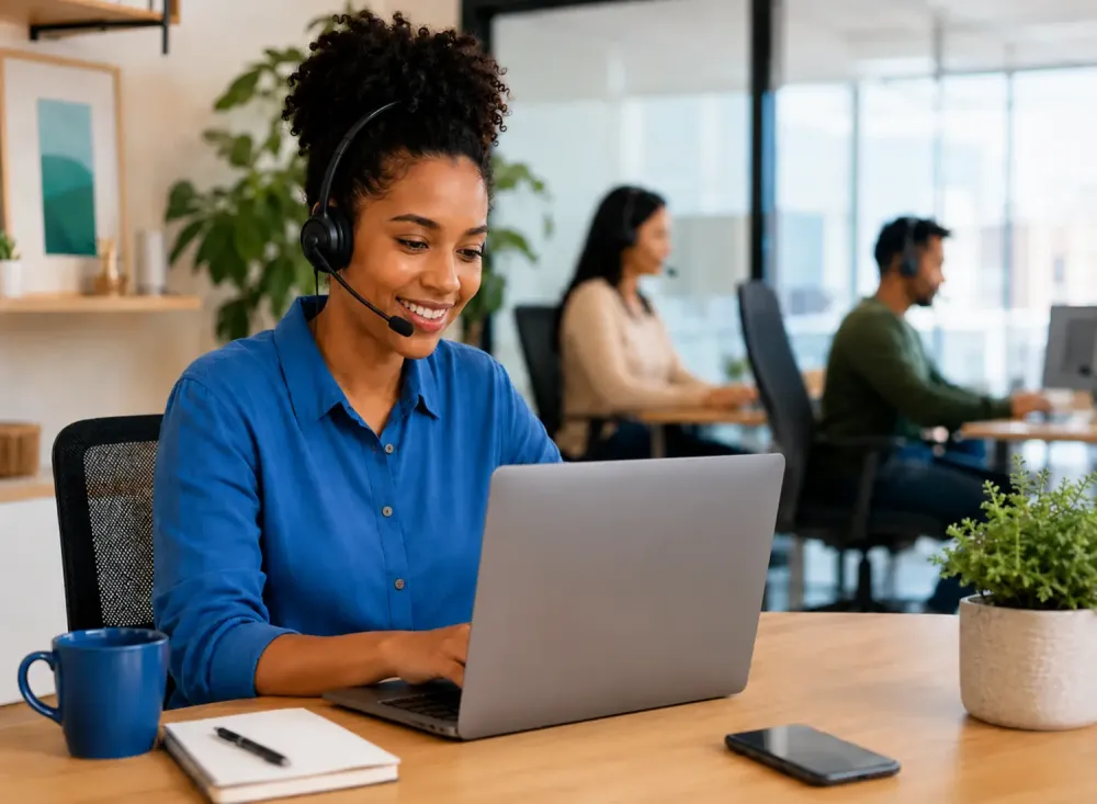 Profissional realiza atendimento remoto enquanto outros colaboradores atuam em ambiente corporativo, representando as modalidades home office e híbrida. Imagem ilustrativa criada por inteligência artificial.