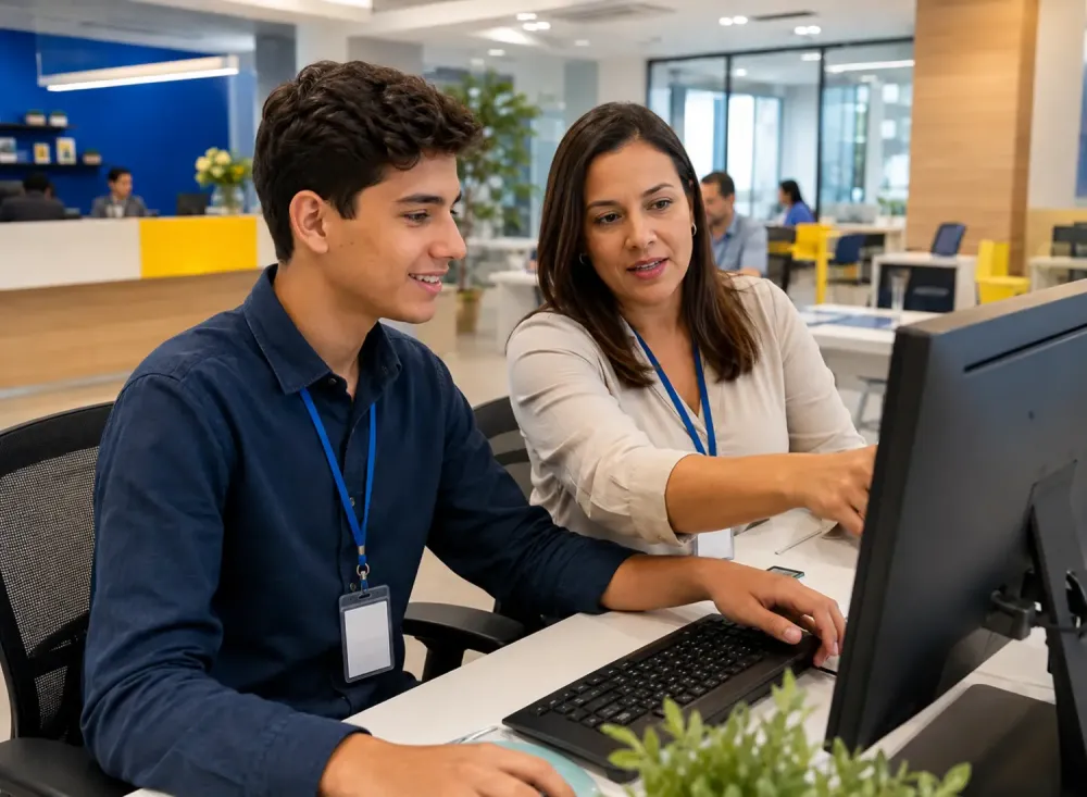 Jovem aprendiz recebe orientação de uma profissional durante uma atividade administrativa em uma agência bancária. Imagem ilustrativa criada por inteligência artificial.
