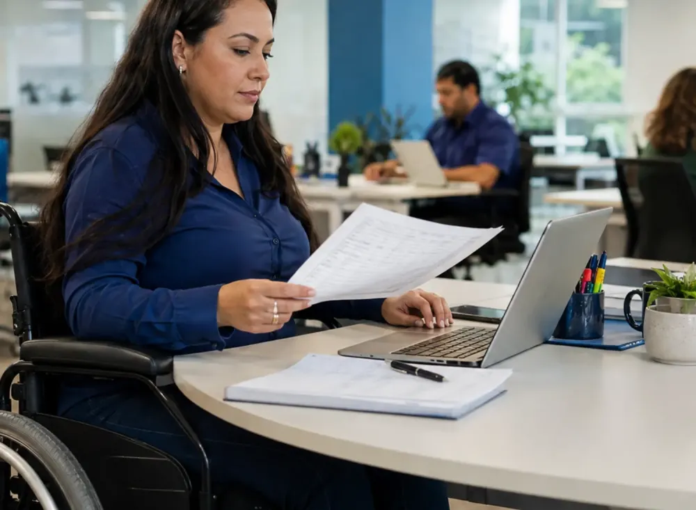 Profissional com deficiência trabalha em rotinas administrativas e financeiras em um escritório acessível. Imagem ilustrativa criada por inteligência artificial.