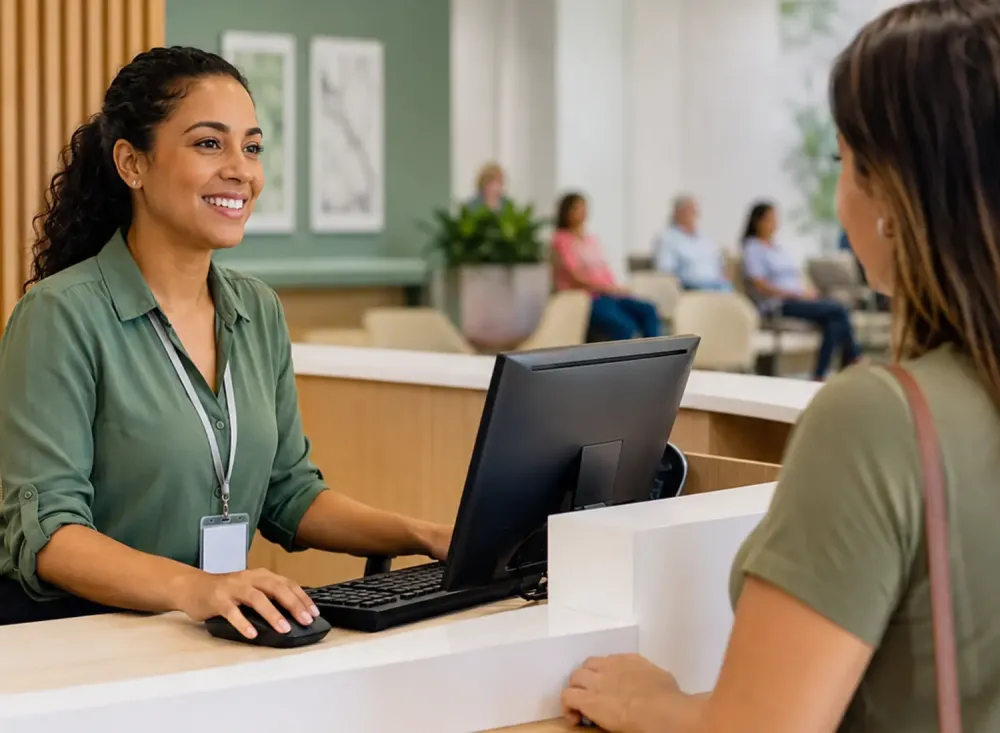 Assistente de atendimento recebe uma cliente na recepção de uma unidade de saúde moderna. Imagem ilustrativa criada por inteligência artificial.