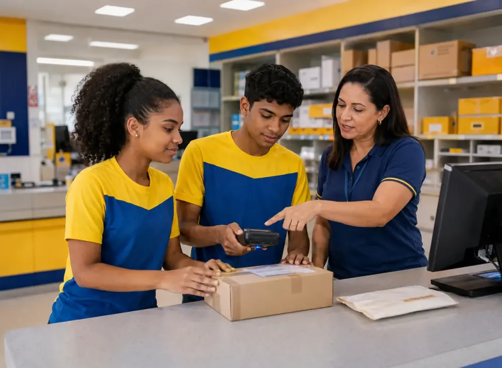 Jovens aprendizes recebem orientações durante uma atividade prática em uma unidade de atendimento postal. Imagem ilustrativa criada por inteligência artificial.