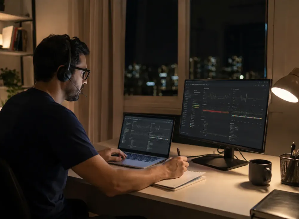 Profissional trabalha em home office durante o período noturno, acompanhando alertas de infraestrutura em um notebook e monitor. Imagem ilustrativa criada por inteligência artificial.