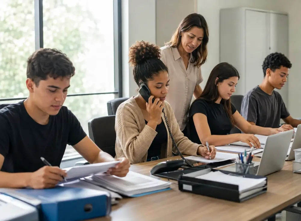 Jovens aprendizes participam de atividades administrativas e recebem orientação profissional em um escritório. Imagem ilustrativa criada por inteligência artificial.