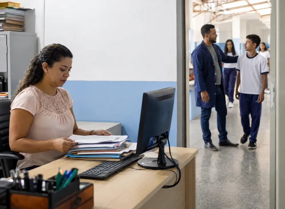 Auxiliar administrativa organiza documentos na secretaria enquanto um inspetor acompanha estudantes no corredor de uma escola. Imagem ilustrativa criada por inteligência artificial.