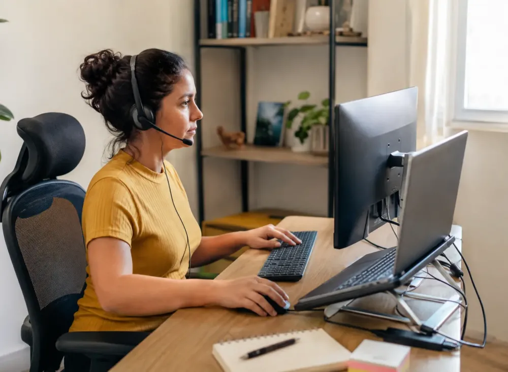 Profissional trabalha em casa utilizando notebook, monitor, headset e cadeira ergonômica disponibilizados para a rotina de trabalho remoto. Imagem ilustrativa criada por inteligência artificial.