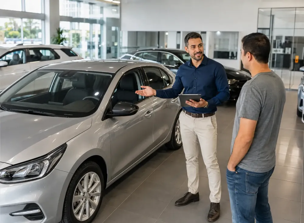 Vendedor apresenta um veículo a um cliente dentro de uma concessionária, representando a oportunidade presencial aberta em Registro.