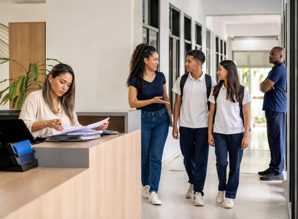 Profissionais trabalham na secretaria e no acompanhamento de estudantes no corredor de uma escola, representando as vagas administrativas, de monitor e de inspetor de alunos.