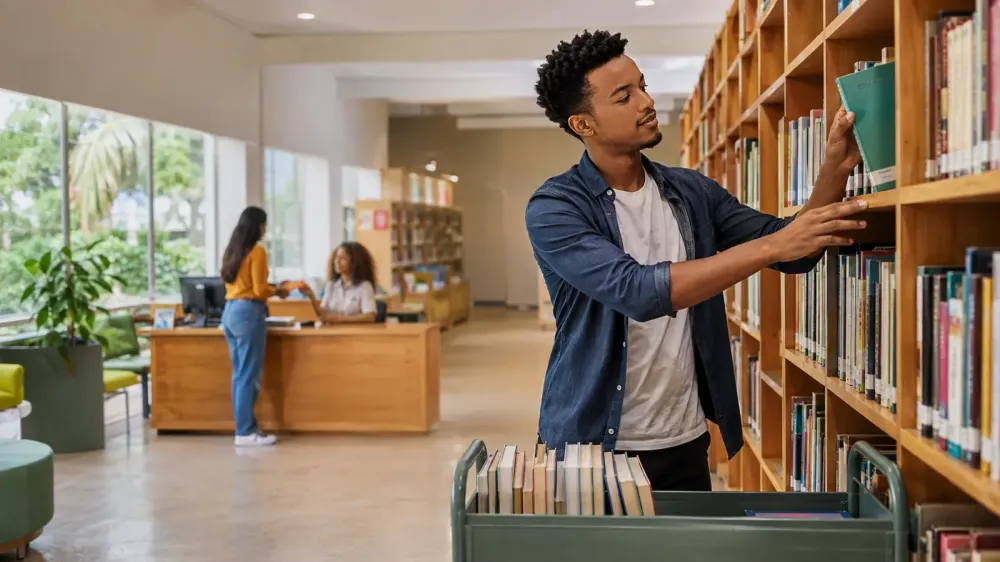 Auxiliar organiza livros nas estantes de uma biblioteca comunitária enquanto uma visitante recebe atendimento. Imagem ilustrativa criada por inteligência artificial