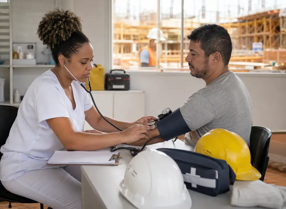  Técnica de enfermagem realiza atendimento preventivo em trabalhador dentro de um posto de saúde ocupacional instalado em uma obra. Imagem ilustrativa gerada por inteligência artificial/OpenAI.