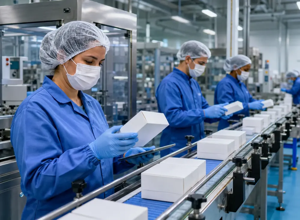  Profissionais trabalham na conferência e embalagem de produtos em uma indústria farmacêutica. Imagem ilustrativa gerada por inteligência artificial/OpenAI.