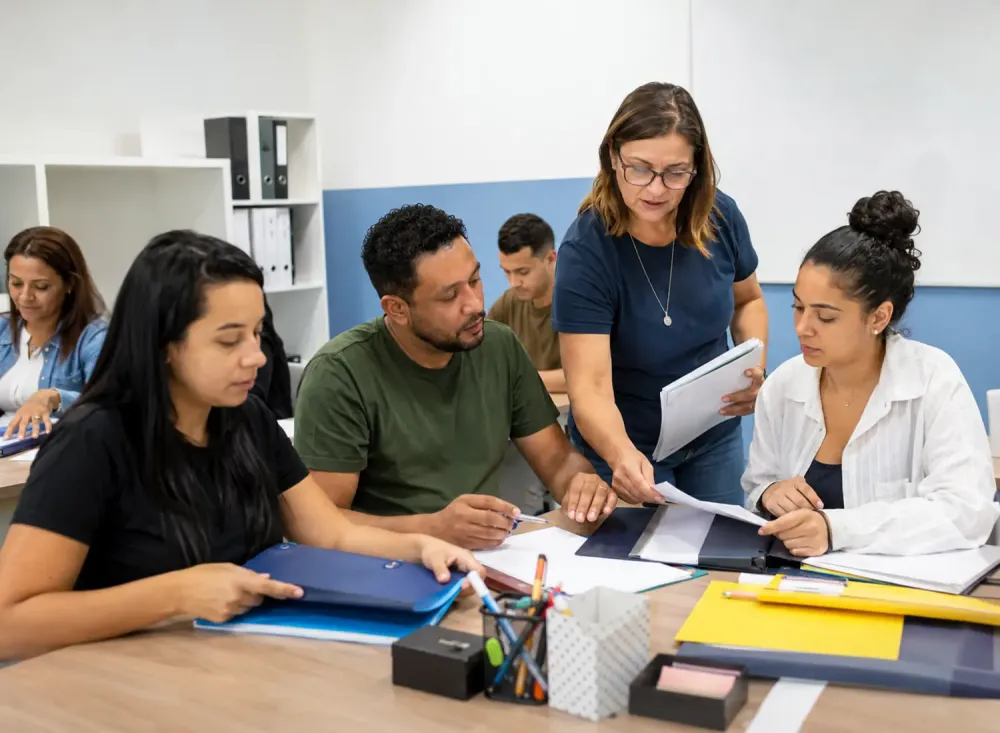  Estudantes adultos participam de uma aula prática sobre rotinas administrativas e organização de documentos. Imagem ilustrativa gerada por inteligência artificial/OpenAI.