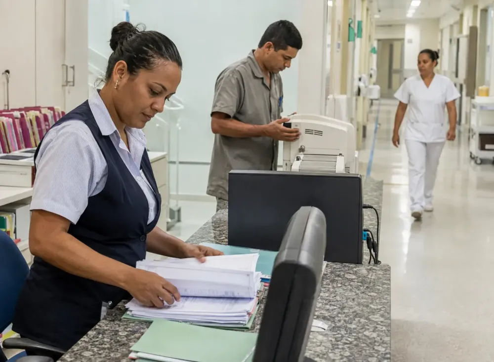  Profissionais das áreas administrativa, manutenção e enfermagem trabalham em ambiente hospitalar. Imagem ilustrativa gerada por inteligência artificial/OpenAI.