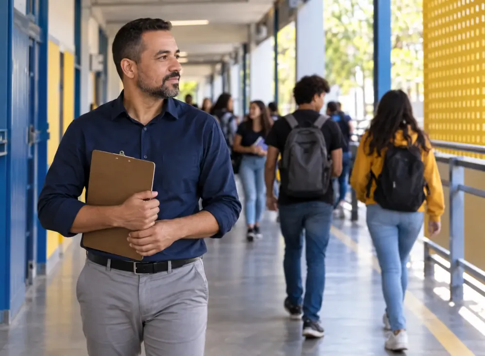 Inspetor de alunos acompanha a movimentação de estudantes em um corredor escolar. Imagem ilustrativa gerada por Inteligência Artificial