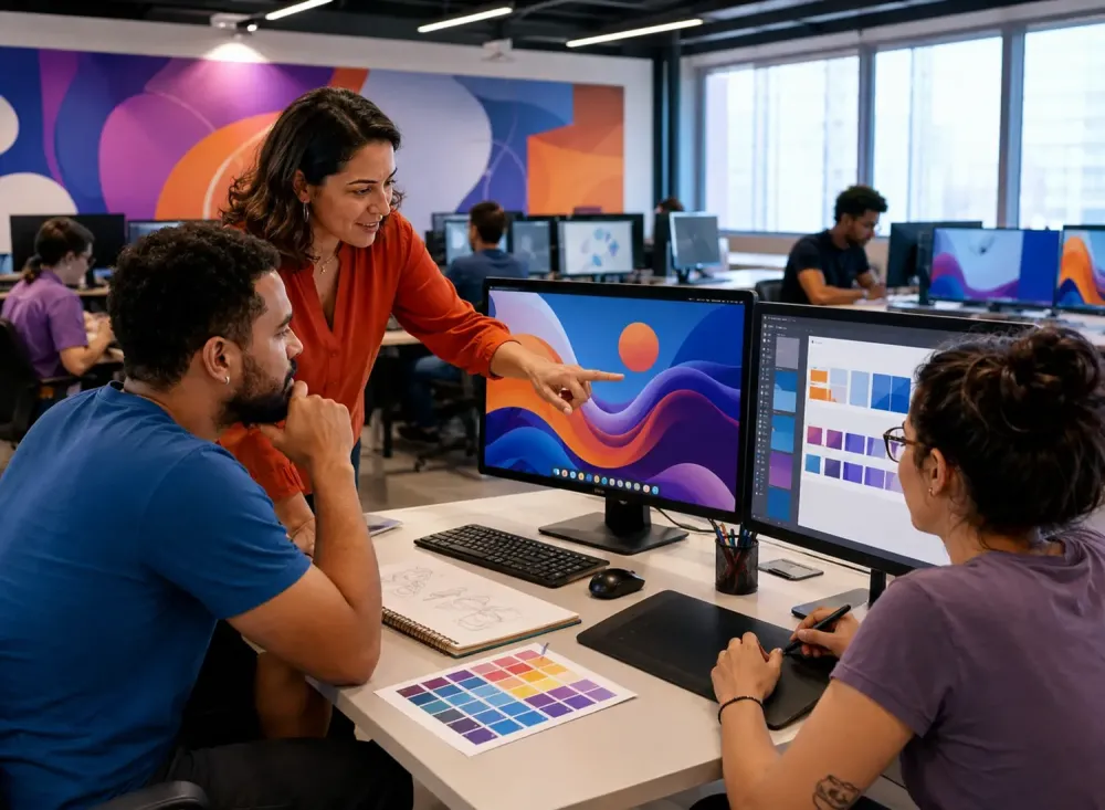 Tutora orienta estudantes durante atividade prática em laboratório de informática. Imagem ilustrativa gerada por IA.