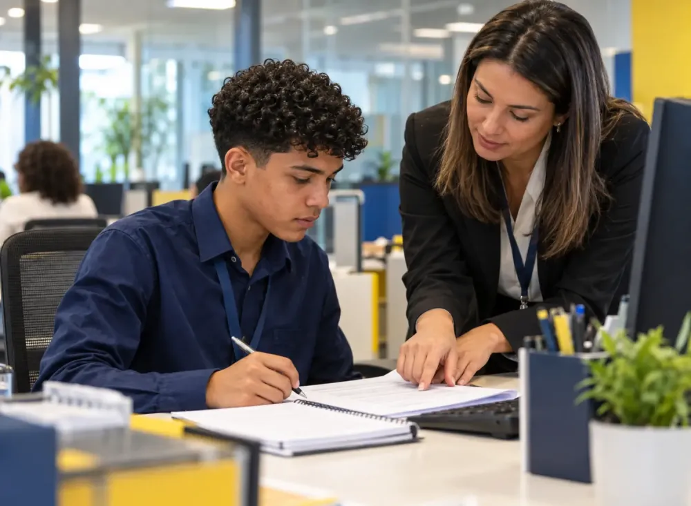 Adolescente realiza uma atividade administrativa sob orientação de uma profissional em um ambiente corporativo. Imagem ilustrativa criada por inteligência artificial/OpenAI.