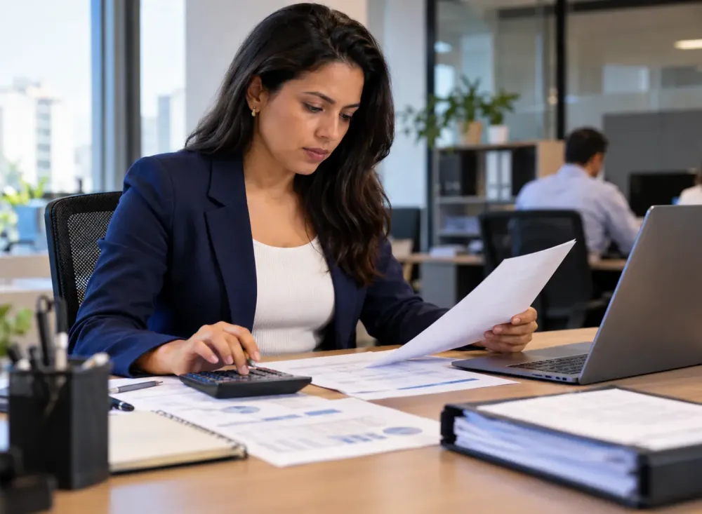 Profissional confere documentos e controles financeiros em um escritório corporativo, representando a vaga para Analista Administrativo. Imagem ilustrativa gerada por inteligência artificial.