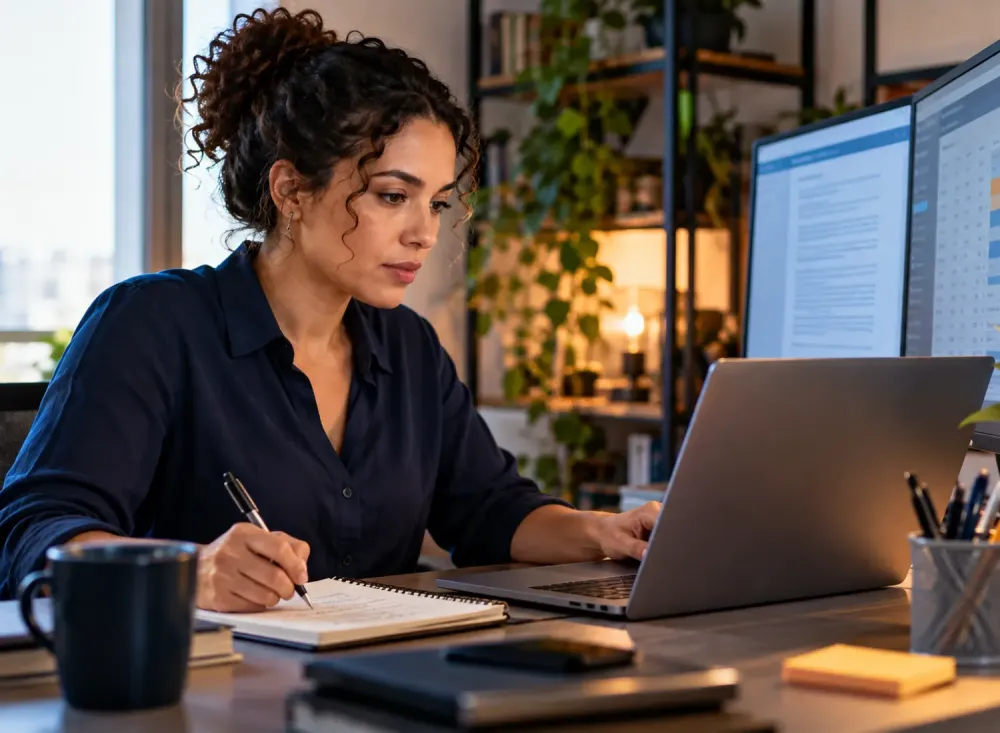 Profissional brasileira revisa textos e dados em um escritório doméstico, representando projetos de trabalho remoto usados no treinamento e na avaliação de inteligência artificial. Imagem ilustrativa gerada por inteligência artificial.