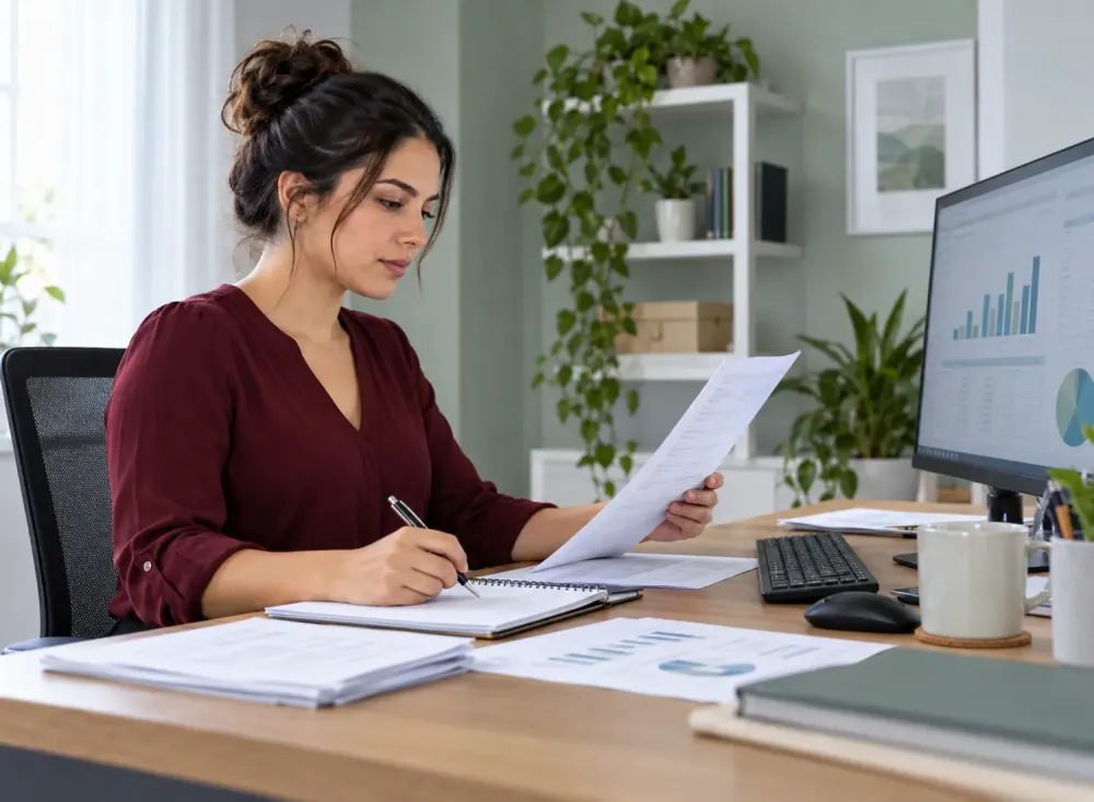 Profissional confere documentos enquanto trabalha no notebook em um escritório doméstico, representando as atividades de Assistente de Backoffice Home Office. Imagem ilustrativa gerada por inteligência artificial.