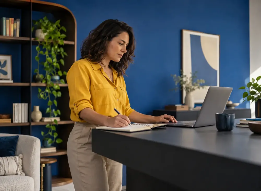Profissional revisa informações no notebook e faz anotações em um ambiente de trabalho remoto. Imagem ilustrativa gerada por inteligência artificial.