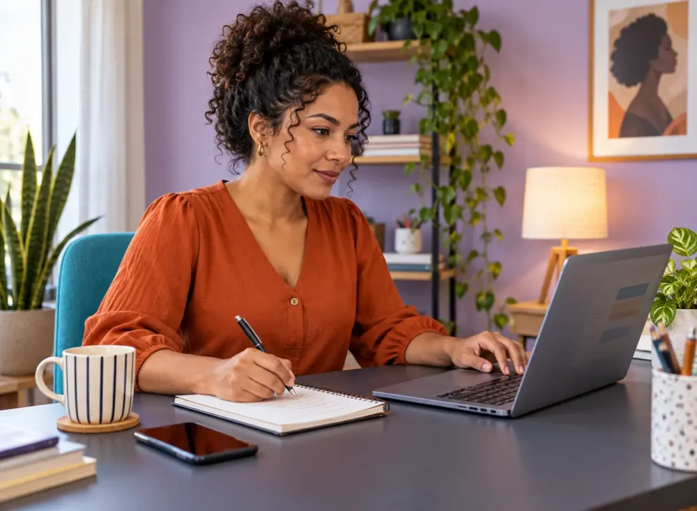 Profissional de atendimento ao cliente trabalha pelo notebook em seu escritório doméstico. Imagem gerada por Inteligência Artificial.